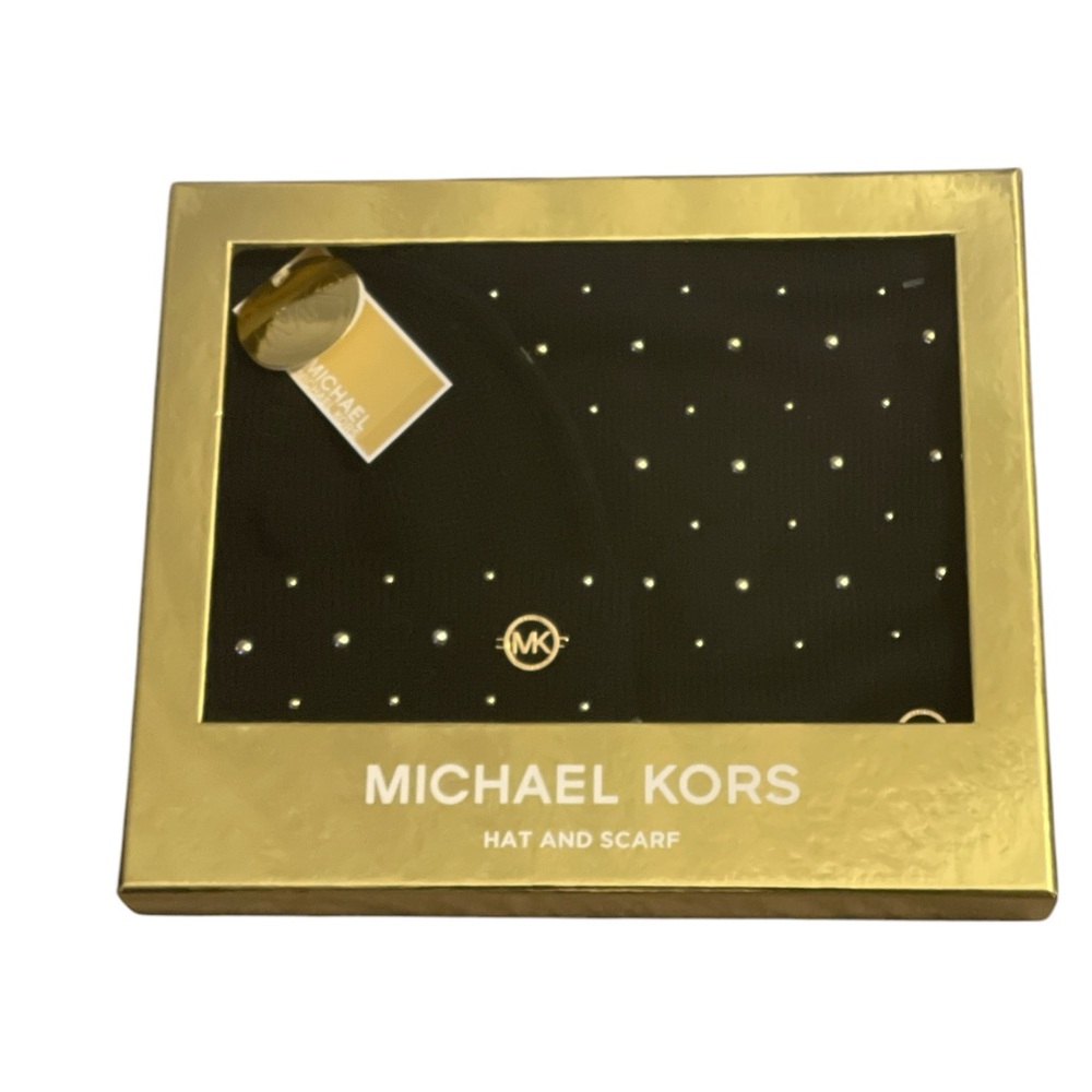 NIB MICHAEL KORS WOMEN CLASSIC RIB SCARF HAT GIFT SET BLACK COLOR W GOLD DOTS